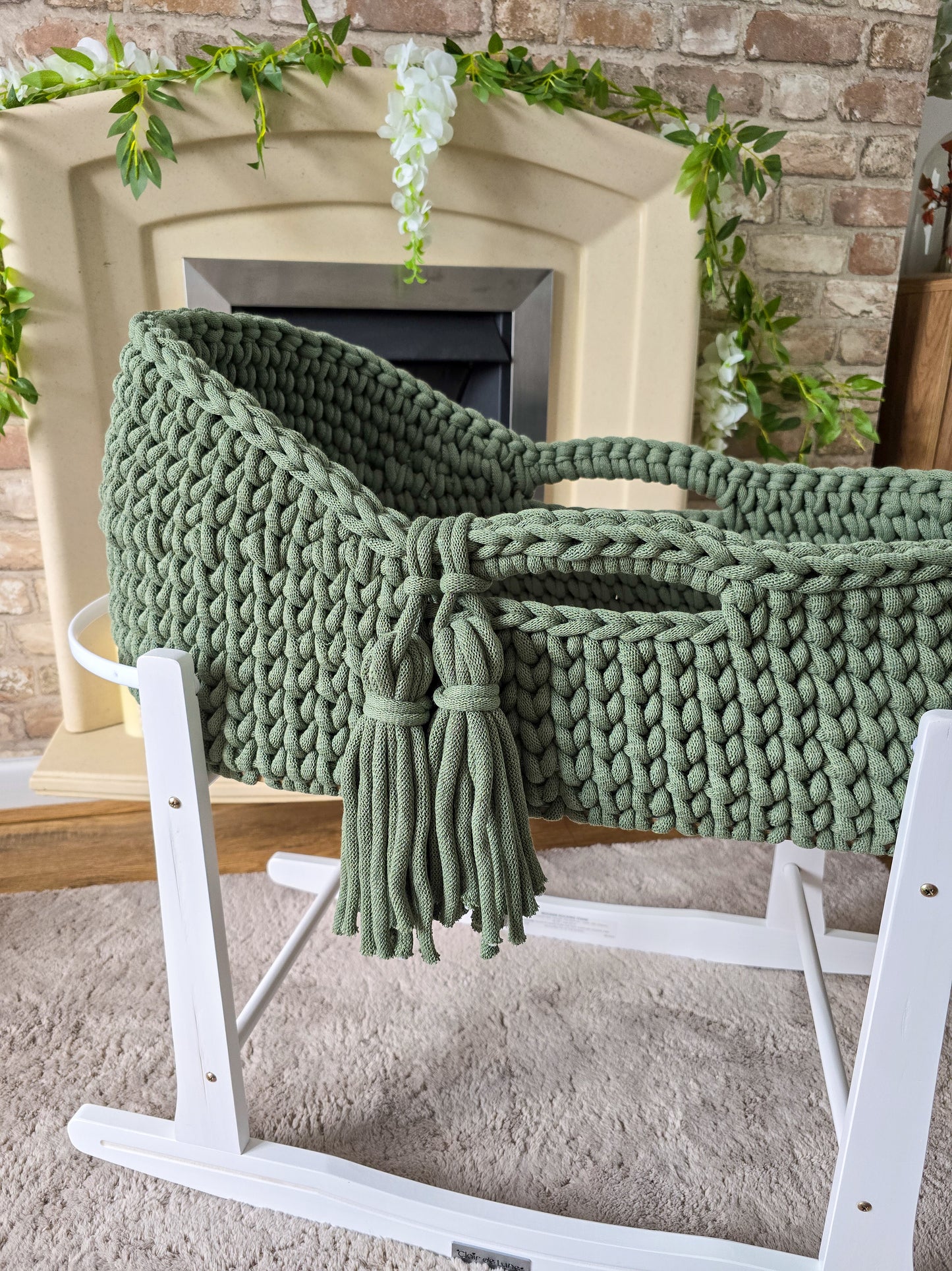 Hooded Crochet Moses Basket - Solid trim or two toned trim- Matching Changing Mat Available